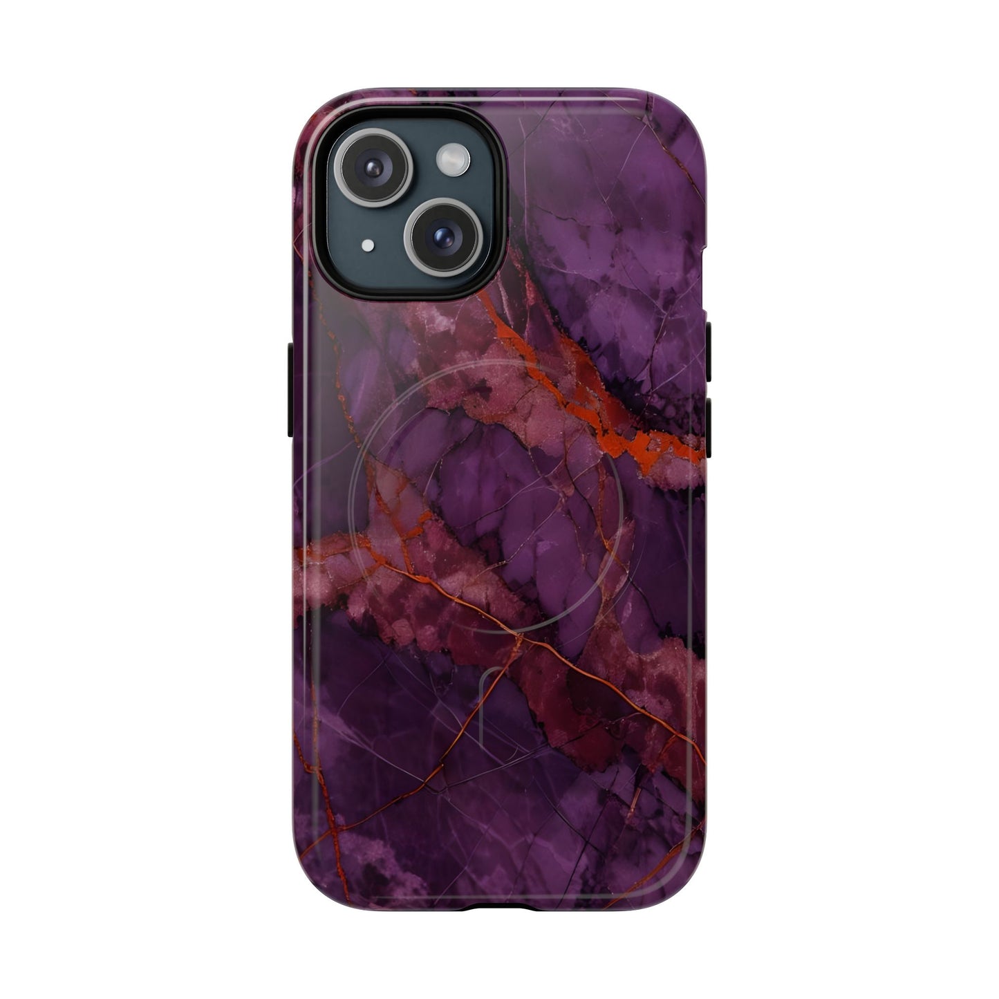 Amethyst Current purple marble iPhone 15 MagSafe case featuring deep violet stone textures with copper vein accents.