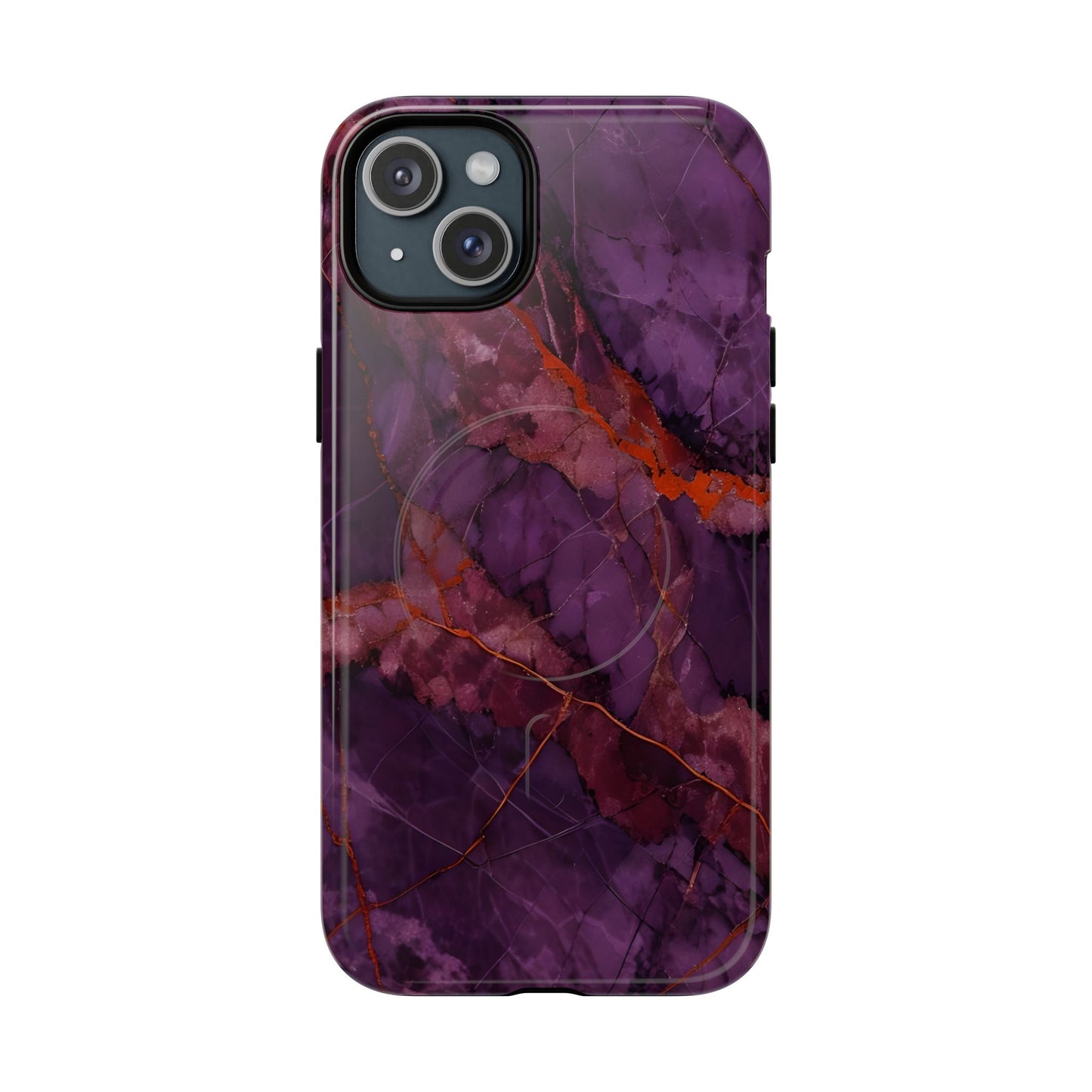 Amethyst Current purple marble iPhone 15 Plus MagSafe case featuring deep violet stone textures with copper vein accents.