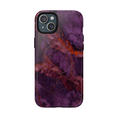 Amethyst Current purple marble iPhone 15 Plus MagSafe case featuring deep violet stone textures with copper vein accents.