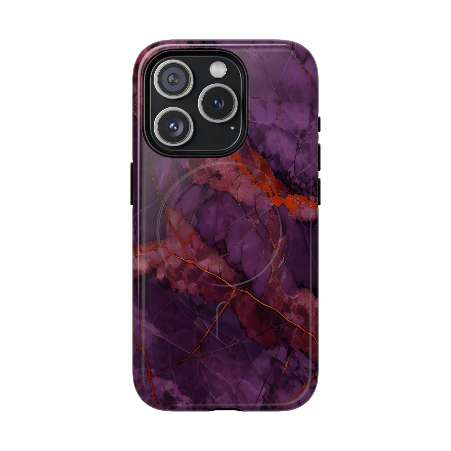 Amethyst Current purple marble iPhone 15 Pro MagSafe case featuring deep violet stone textures with copper vein accents.