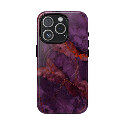 Amethyst Current purple marble iPhone 15 Pro MagSafe case featuring deep violet stone textures with copper vein accents.