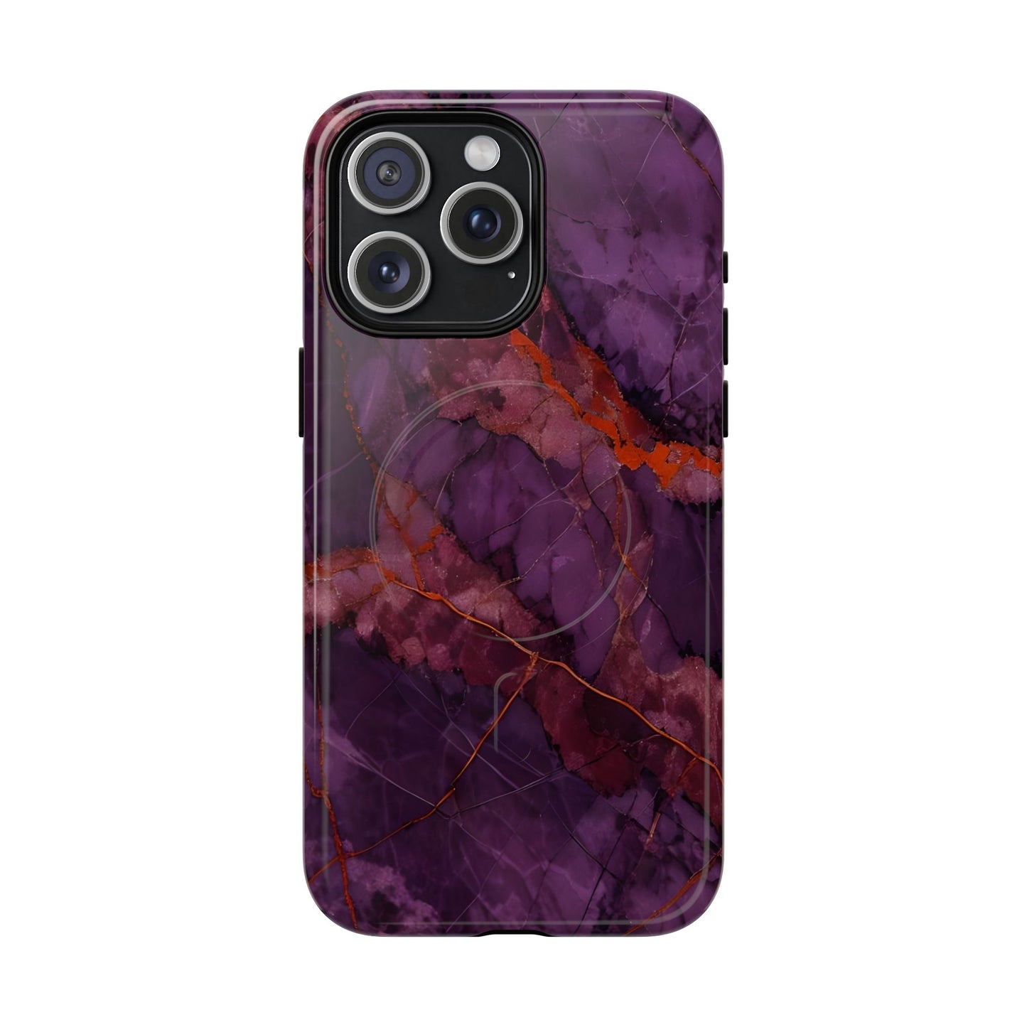 Amethyst Current purple marble iPhone 15 Pro Max MagSafe case featuring deep violet stone textures with copper vein accents.
