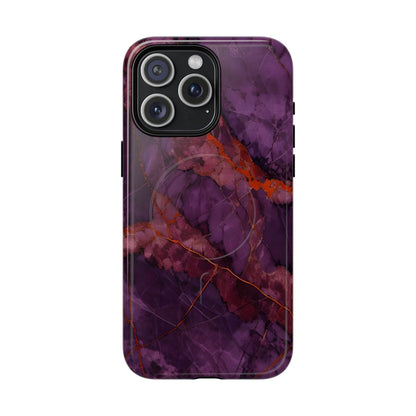 Amethyst Current purple marble iPhone 15 Pro Max MagSafe case featuring deep violet stone textures with copper vein accents.