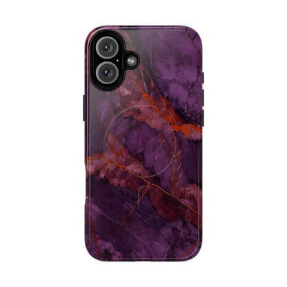 Amethyst Current purple marble iPhone 16 Plus MagSafe case featuring deep violet stone textures with copper vein accents.