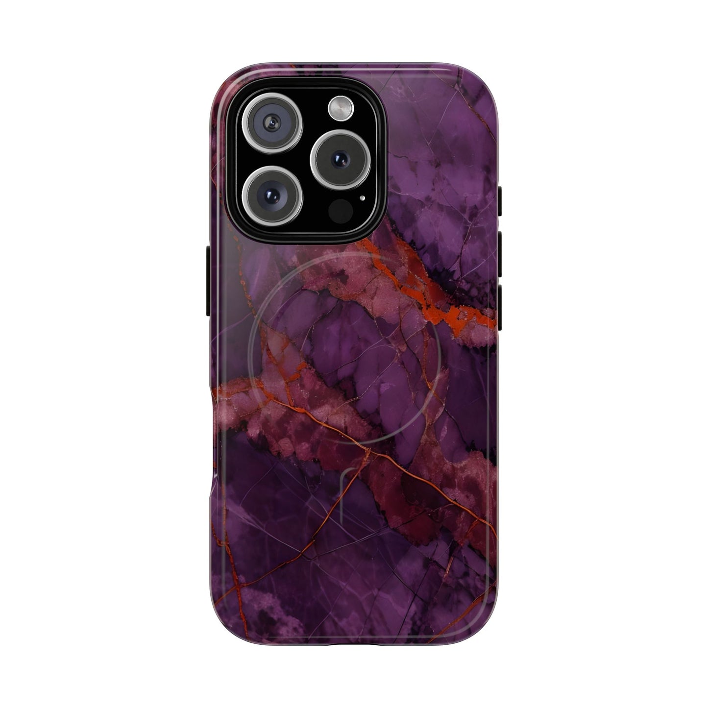 Amethyst Current purple marble iPhone 16 Pro MagSafe case featuring deep violet stone textures with copper vein accents.