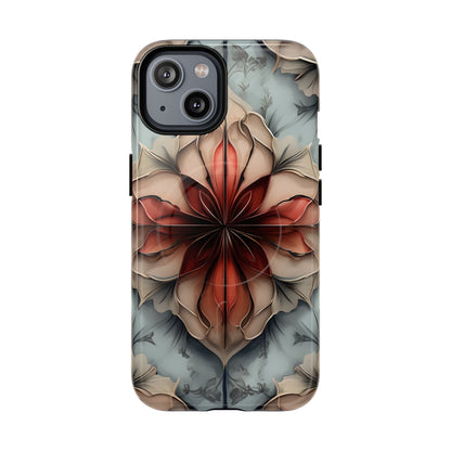 Ember Bloom iPhone 14 MagSafe case featuring a symmetrical abstract floral design in rich red and warm neutral tones.