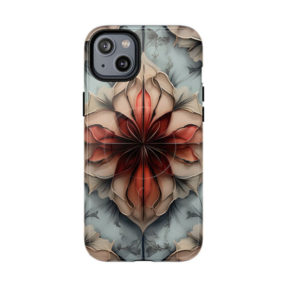 Ember Bloom iPhone 14 Plus MagSafe case featuring a symmetrical abstract floral design in rich red and warm neutral tones.