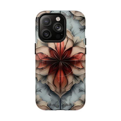 Ember Bloom iPhone 14 Pro MagSafe case featuring a symmetrical abstract floral design in rich red and warm neutral tones.