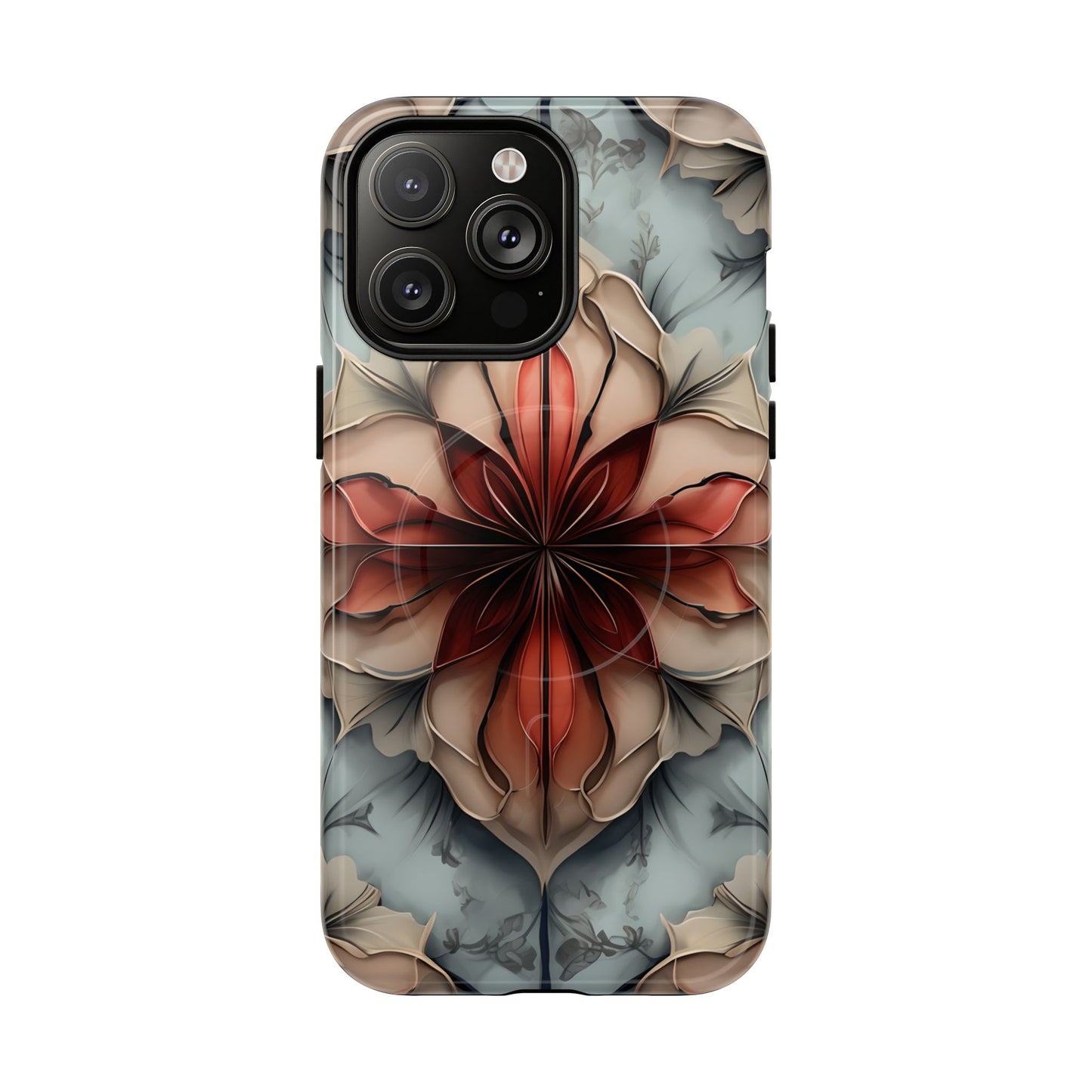 Ember Bloom iPhone 14 Pro Max MagSafe case featuring a symmetrical abstract floral design in rich red and warm neutral tones.