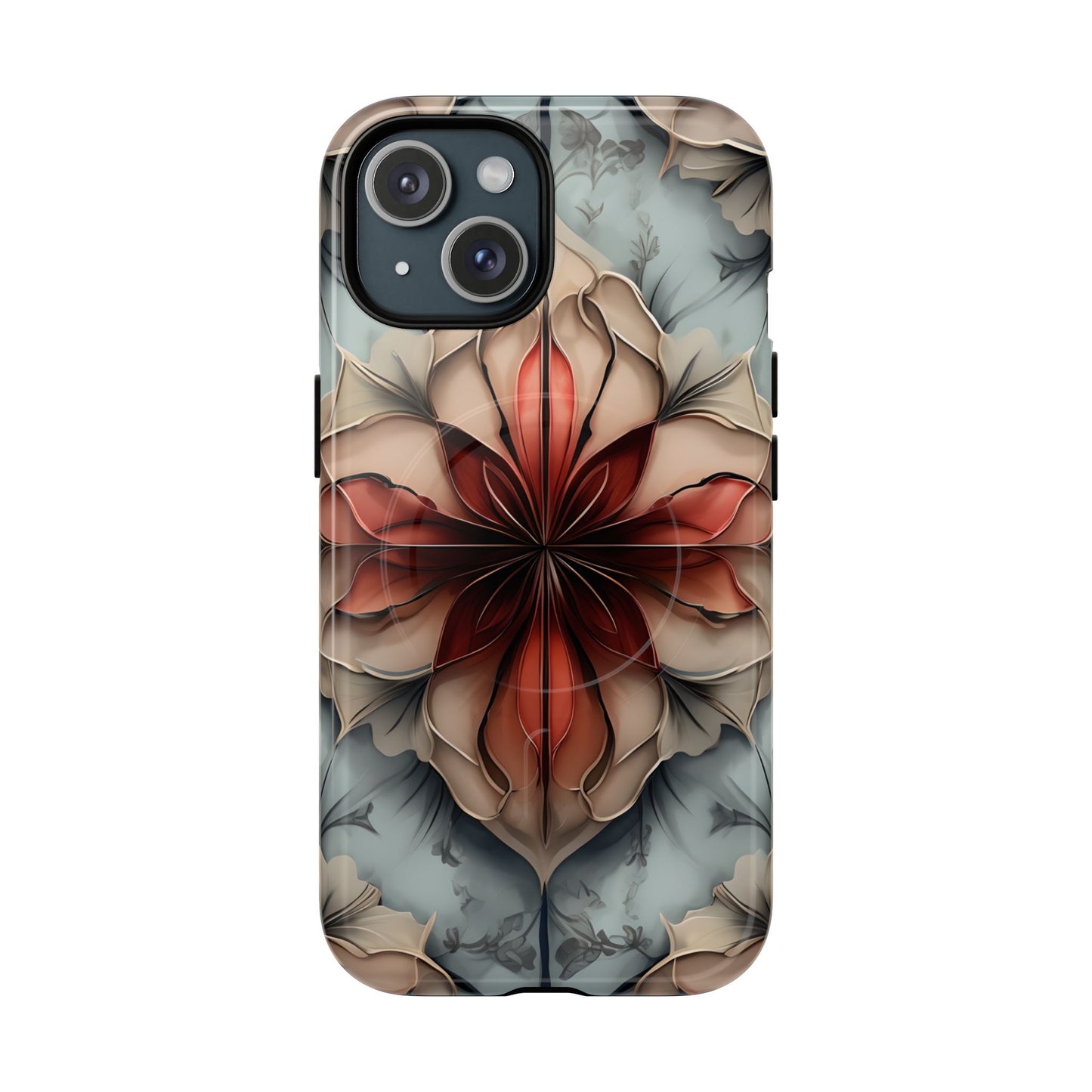 Ember Bloom iPhone 15 MagSafe case featuring a symmetrical abstract floral design in rich red and warm neutral tones.