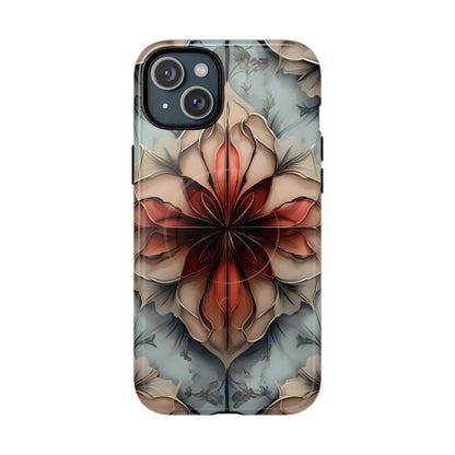 Ember Bloom iPhone 15 Plus MagSafe case featuring a symmetrical abstract floral design in rich red and warm neutral tones.