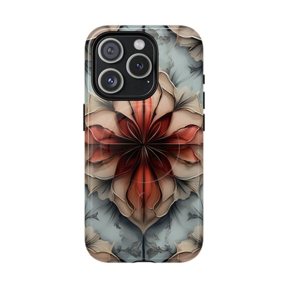 Ember Bloom iPhone 15 Pro MagSafe case featuring a symmetrical abstract floral design in rich red and warm neutral tones.