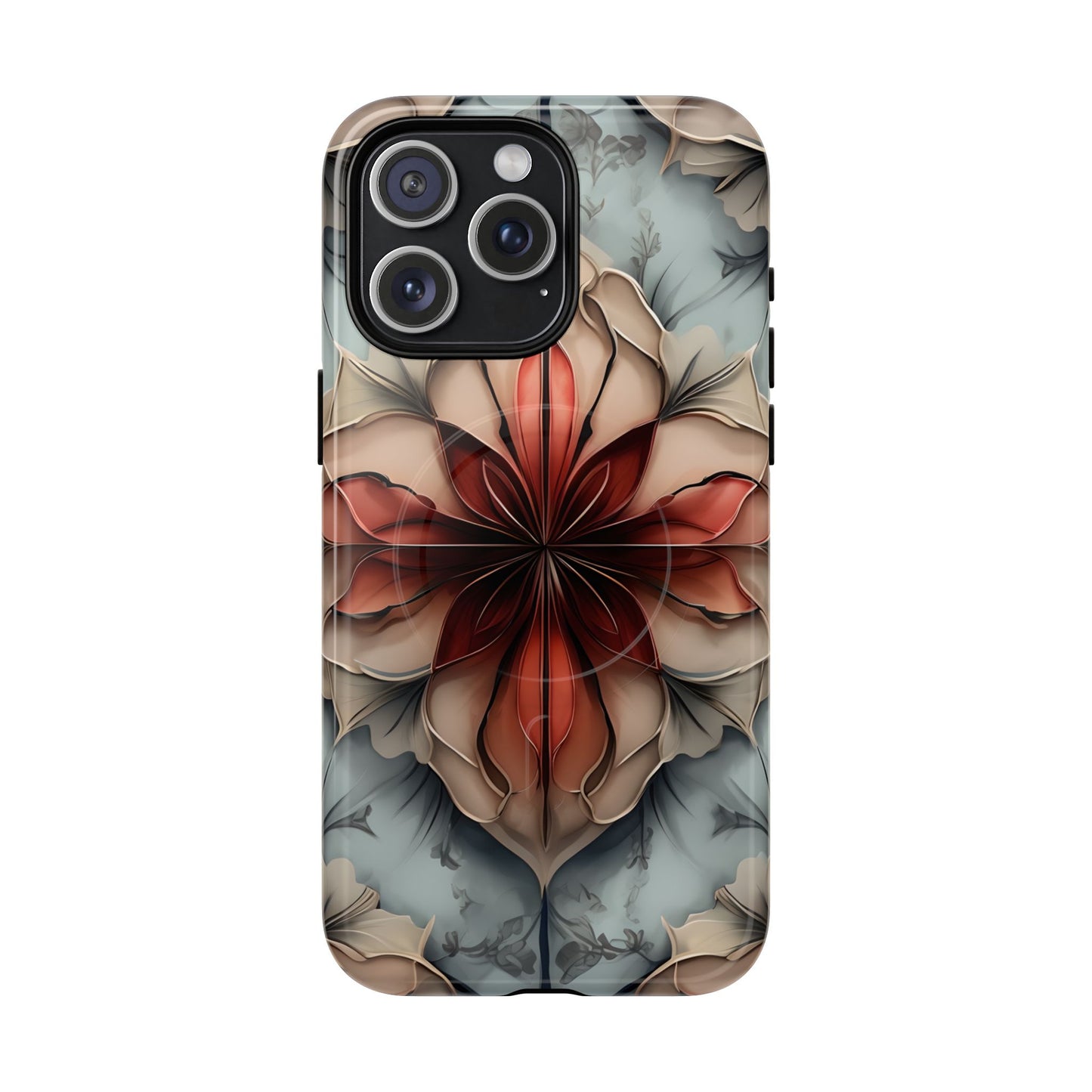 Ember Bloom iPhone 15 Pro Max MagSafe case featuring a symmetrical abstract floral design in rich red and warm neutral tones.