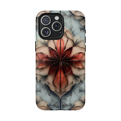 Ember Bloom iPhone 15 Pro Max MagSafe case featuring a symmetrical abstract floral design in rich red and warm neutral tones.