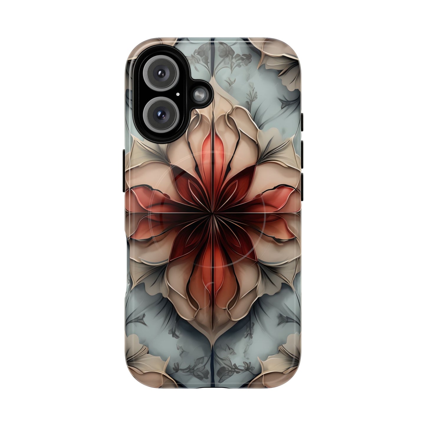 Ember Bloom iPhone 16 MagSafe case featuring a symmetrical abstract floral design in rich red and warm neutral tones.