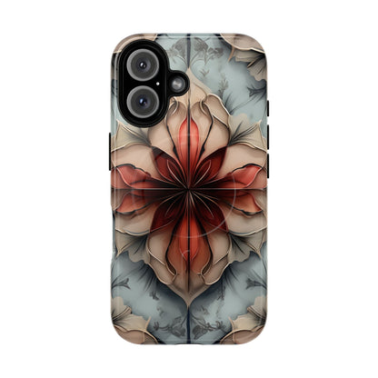 Ember Bloom iPhone 16 MagSafe case featuring a symmetrical abstract floral design in rich red and warm neutral tones.