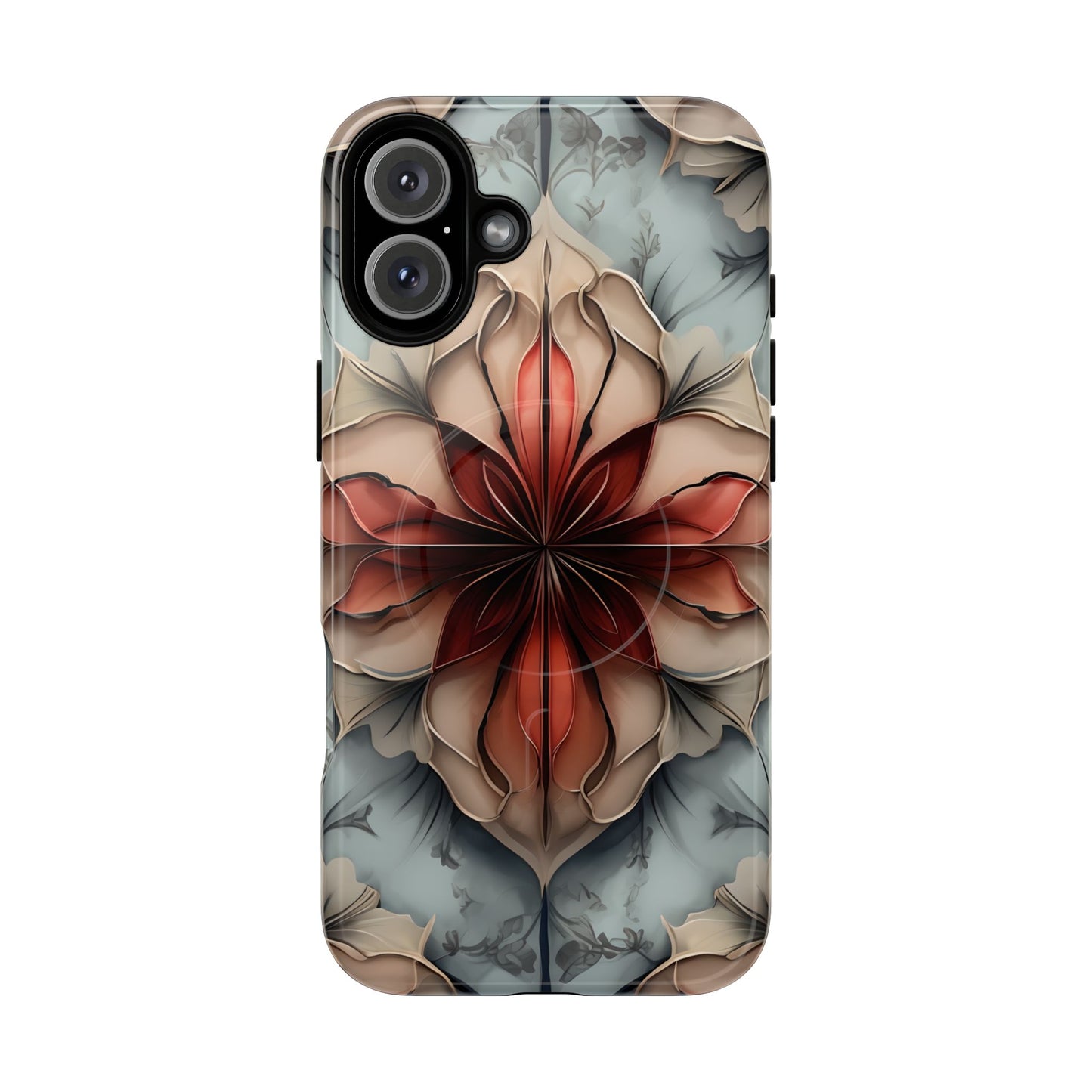 Ember Bloom iPhone 16 Plus MagSafe case featuring a symmetrical abstract floral design in rich red and warm neutral tones.