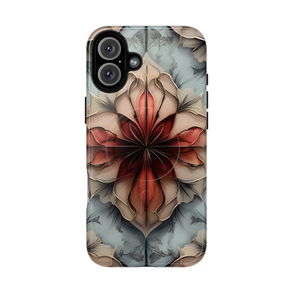 Ember Bloom iPhone 16 Plus MagSafe case featuring a symmetrical abstract floral design in rich red and warm neutral tones.