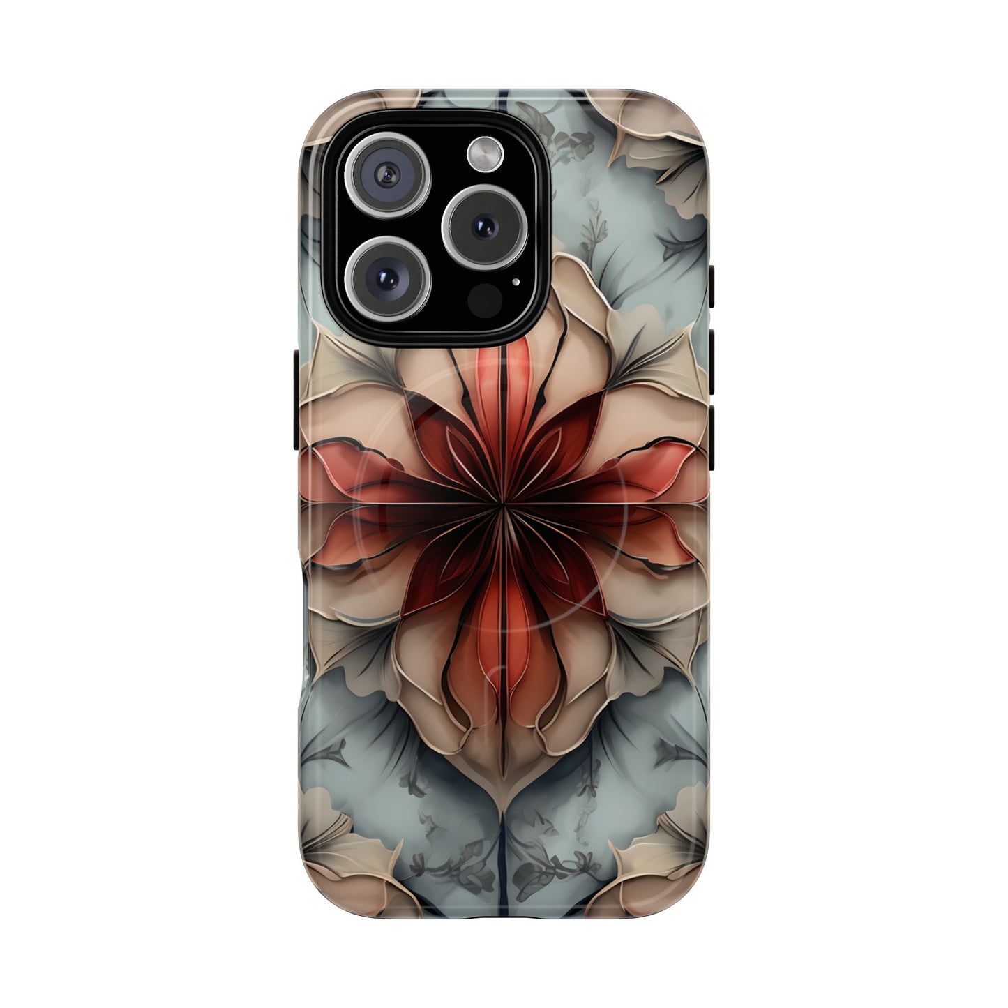 Ember Bloom iPhone 16 Pro MagSafe case featuring a symmetrical abstract floral design in rich red and warm neutral tones.