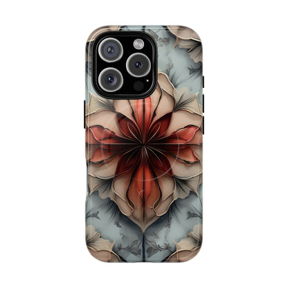 Ember Bloom iPhone 16 Pro MagSafe case featuring a symmetrical abstract floral design in rich red and warm neutral tones.