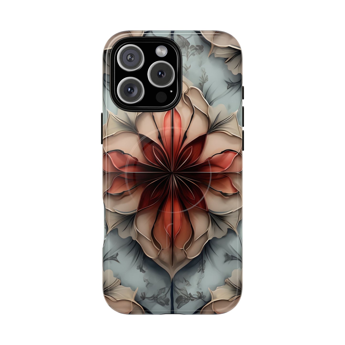 Ember Bloom iPhone 16 Pro Max MagSafe case featuring a symmetrical abstract floral design in rich red and warm neutral tones.
