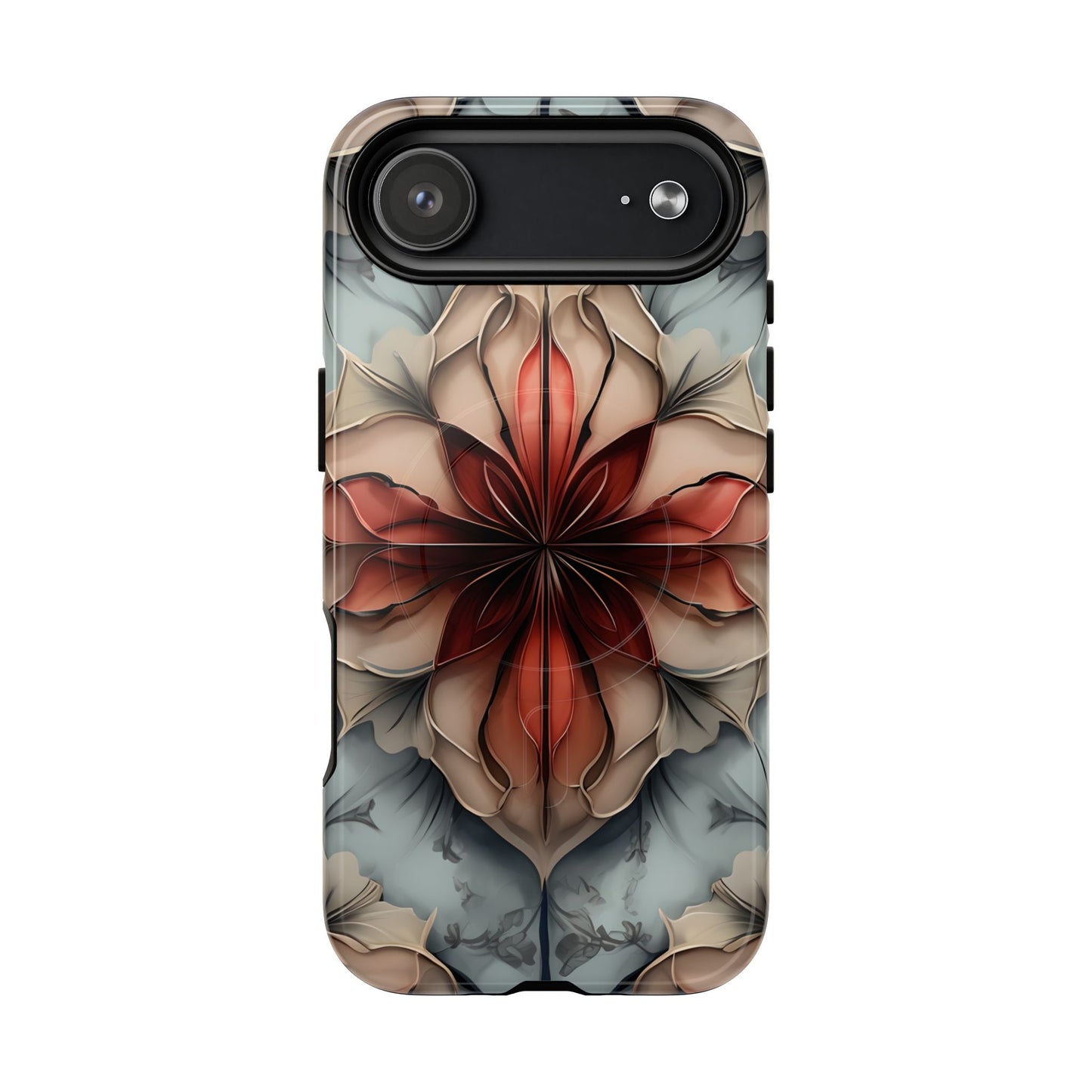 Ember Bloom iPhone 17 Air MagSafe case featuring a symmetrical abstract floral design in rich red and warm neutral tones.