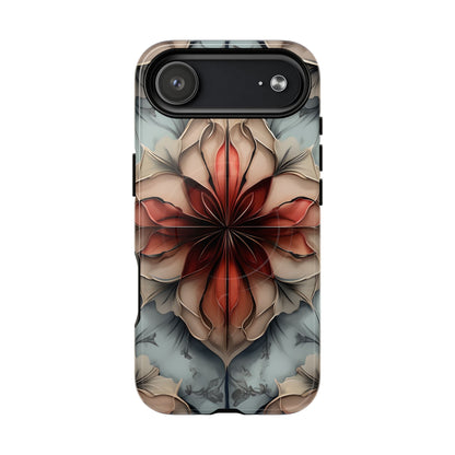 Ember Bloom iPhone 17 Air MagSafe case featuring a symmetrical abstract floral design in rich red and warm neutral tones.