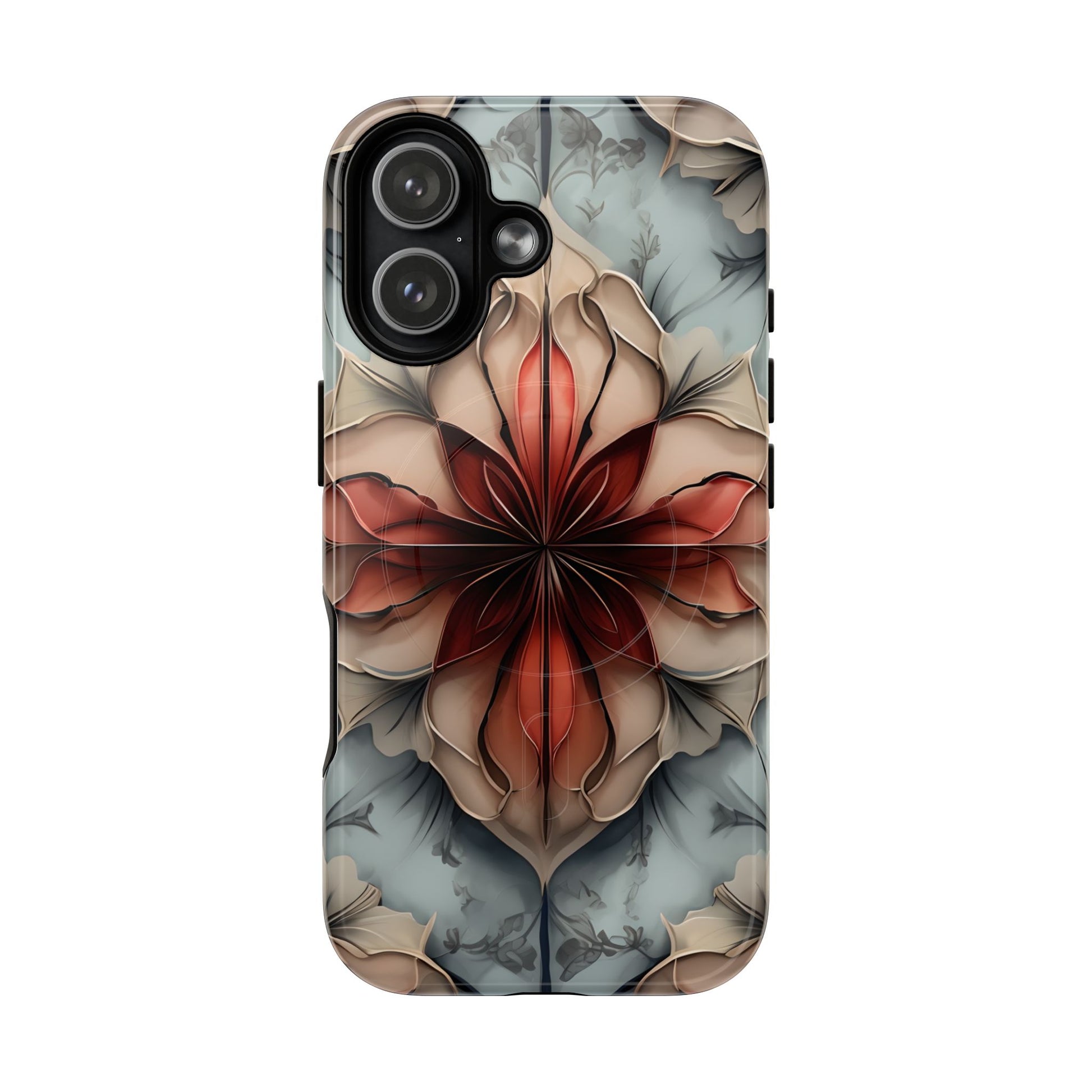 Ember Bloom iPhone 17 MagSafe case featuring a symmetrical abstract floral design in rich red and warm neutral tones.