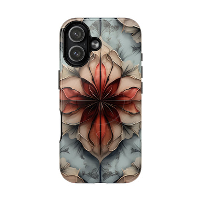 Ember Bloom iPhone 17 MagSafe case featuring a symmetrical abstract floral design in rich red and warm neutral tones.