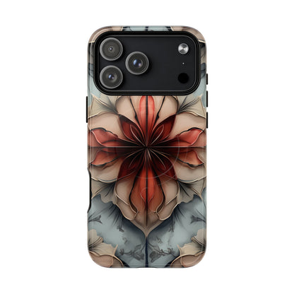Ember Bloom iPhone 17 Pro Max MagSafe case featuring a symmetrical abstract floral design in rich red and warm neutral tones.