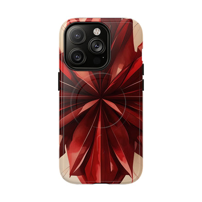 Ruby Compass red abstract floral iPhone 14 Pro MagSafe case featuring layered ruby-red petals in a symmetrical geometric design.