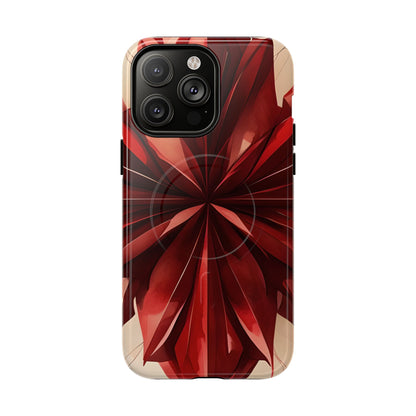 Ruby Compass red abstract floral iPhone 14 Pro Max MagSafe case featuring layered ruby-red petals in a symmetrical geometric design.