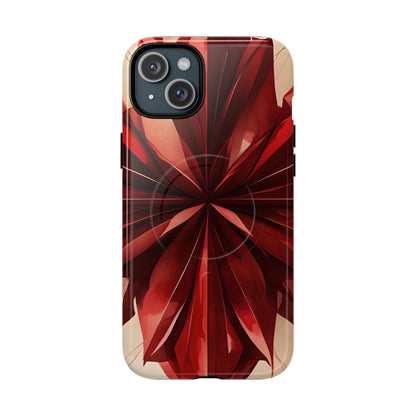 Ruby Compass red abstract floral iPhone 15 Plus MagSafe case featuring layered ruby-red petals in a symmetrical geometric design.
