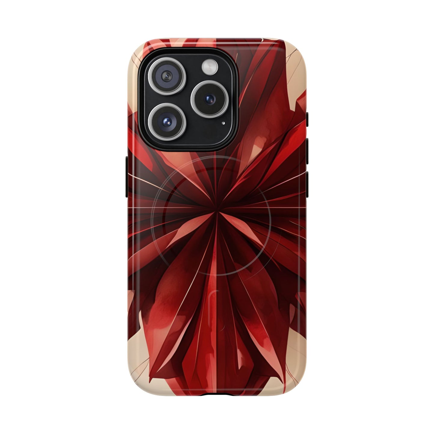 Ruby Compass red abstract floral iPhone 15 Pro MagSafe case featuring layered ruby-red petals in a symmetrical geometric design.