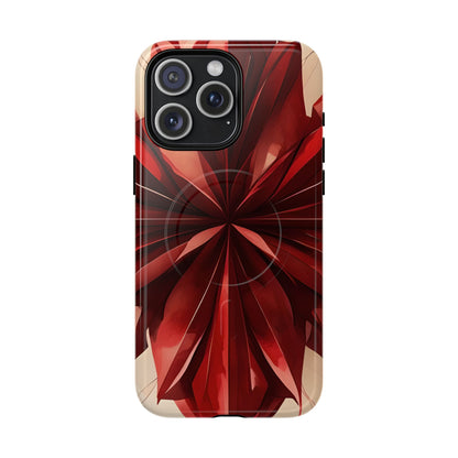 Ruby Compass red abstract floral iPhone 15 Pro Max MagSafe case featuring layered ruby-red petals in a symmetrical geometric design.