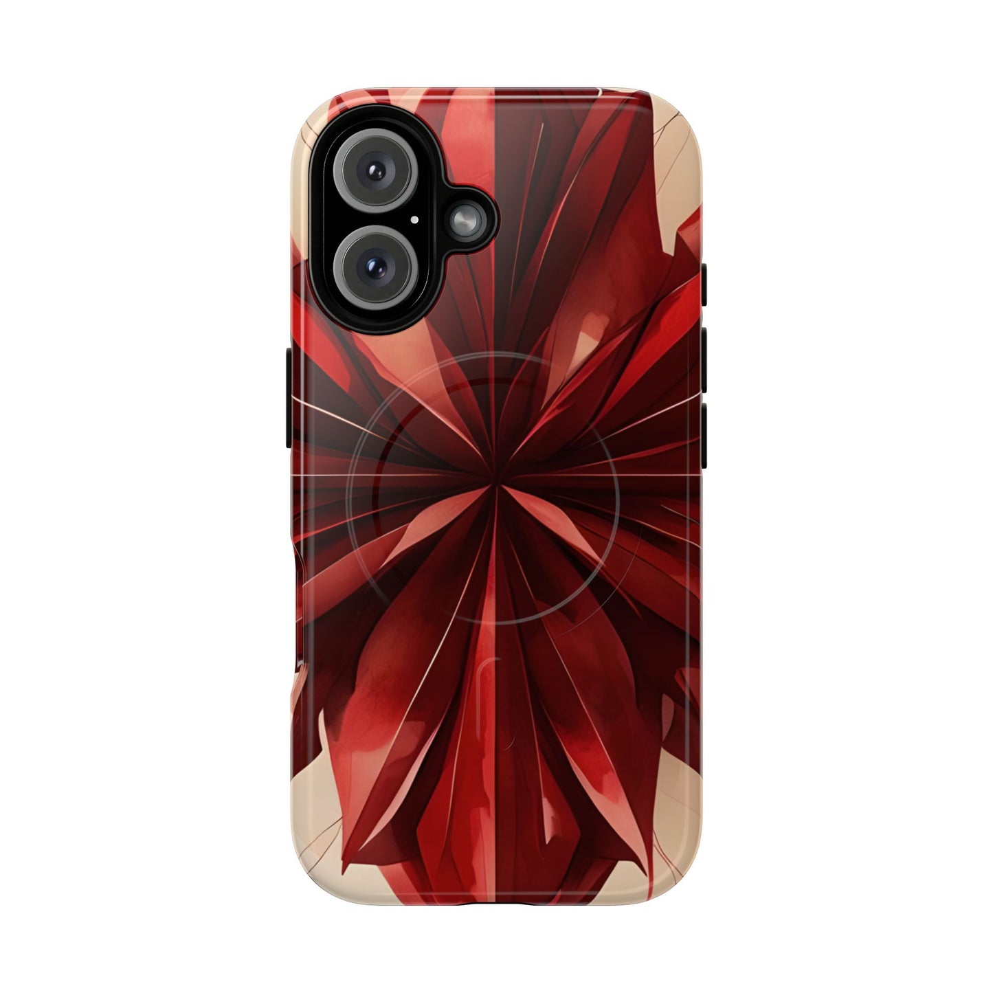 Ruby Compass red abstract floral iPhone 16 MagSafe case featuring layered ruby-red petals in a symmetrical geometric design.