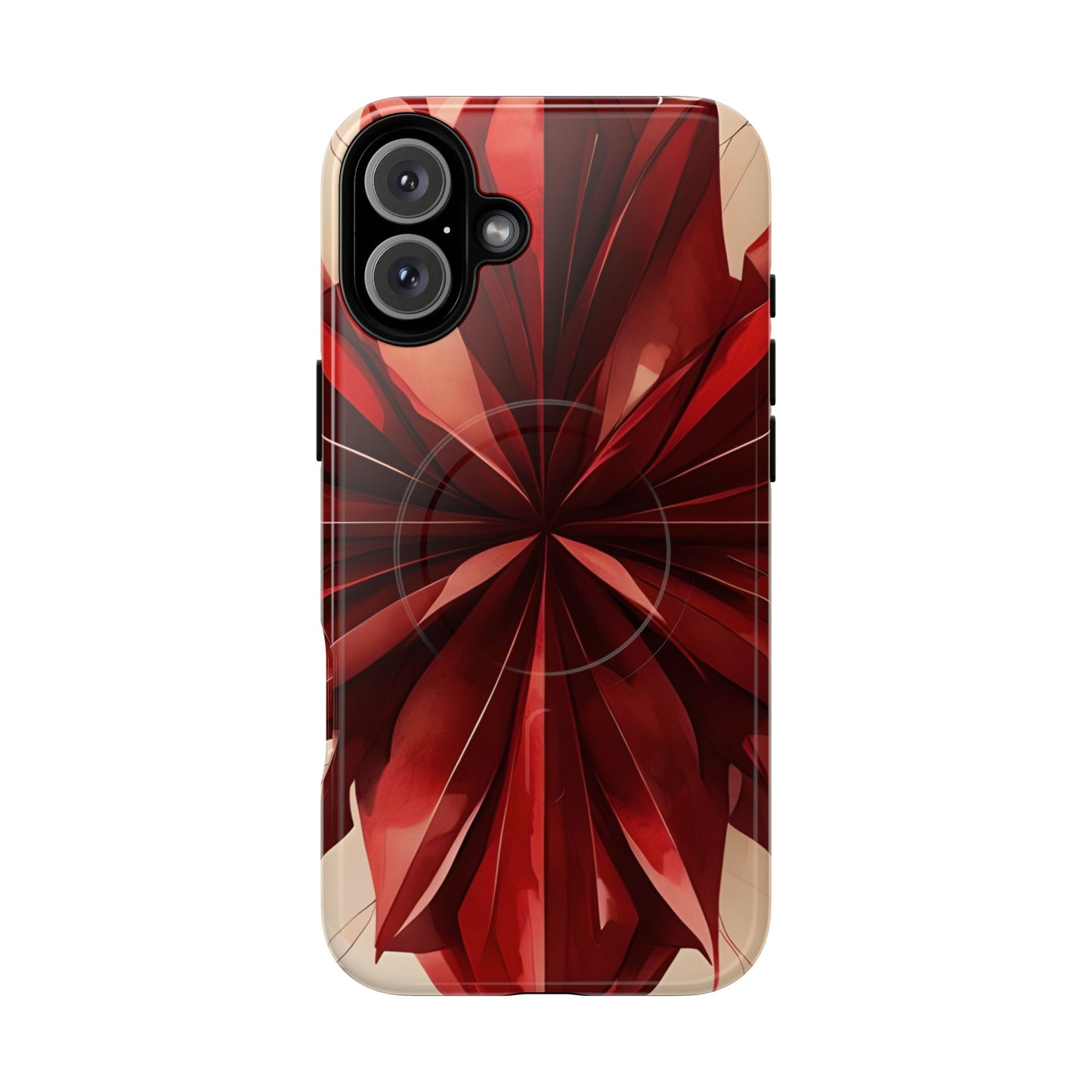 Ruby Compass red abstract floral iPhone 16 Plus MagSafe case featuring layered ruby-red petals in a symmetrical geometric design.