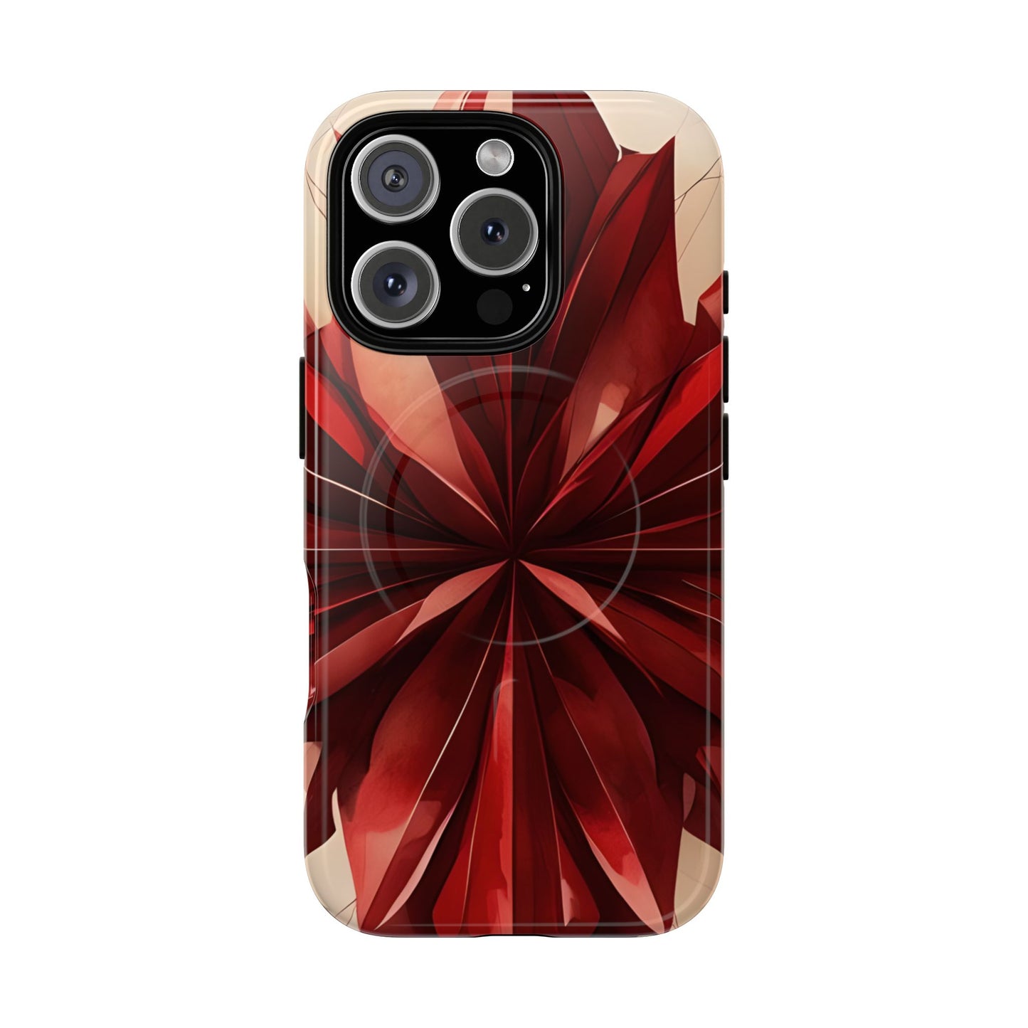 Ruby Compass red abstract floral iPhone 16 Pro MagSafe case featuring layered ruby-red petals in a symmetrical geometric design.