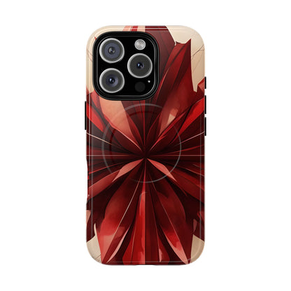 Ruby Compass red abstract floral iPhone 16 Pro MagSafe case featuring layered ruby-red petals in a symmetrical geometric design.