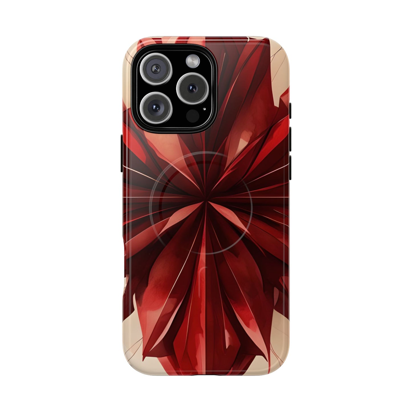 Ruby Compass red abstract floral iPhone 16 Pro Max MagSafe case featuring layered ruby-red petals in a symmetrical geometric design.