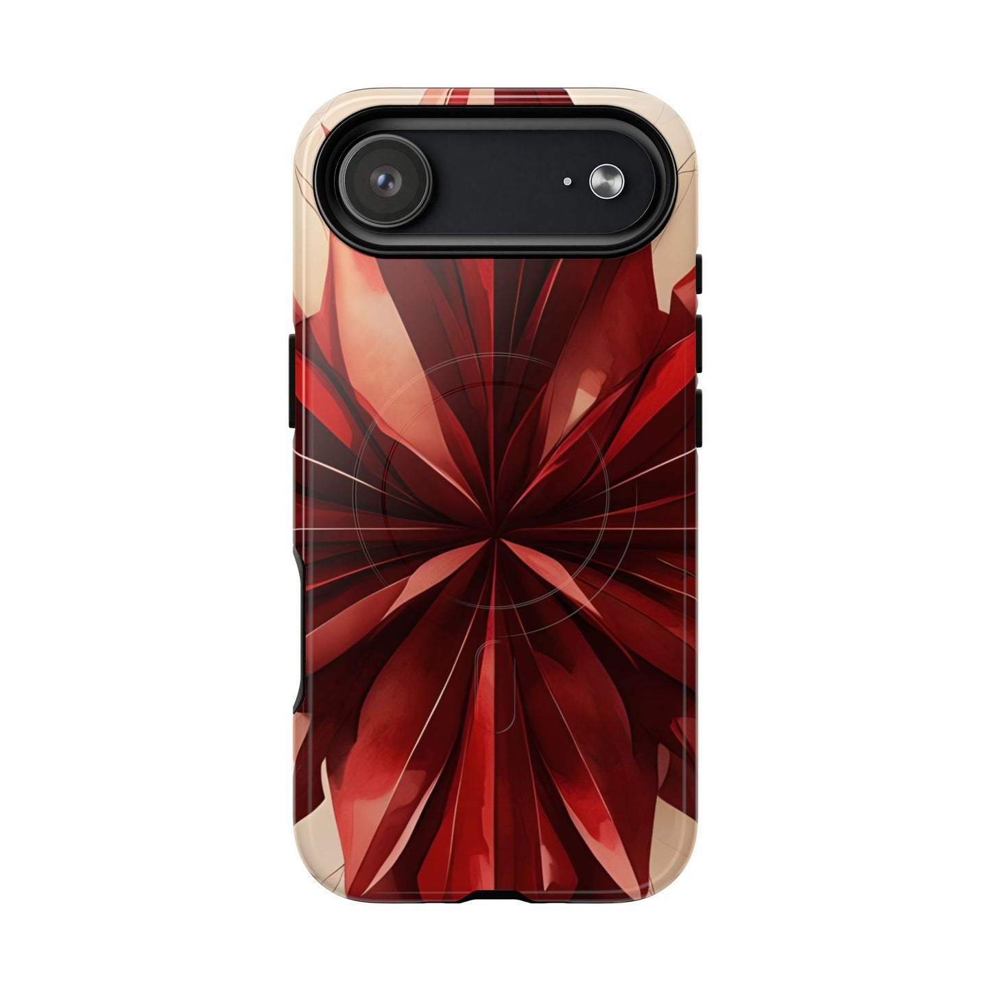 Ruby Compass red abstract floral iPhone 17 Air MagSafe case featuring layered ruby-red petals in a symmetrical geometric design.