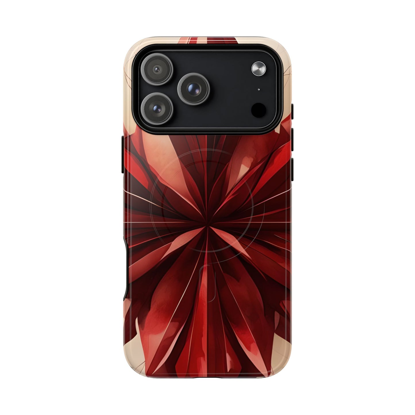 Ruby Compass red abstract floral iPhone 17 Pro Max MagSafe case featuring layered ruby-red petals in a symmetrical geometric design.