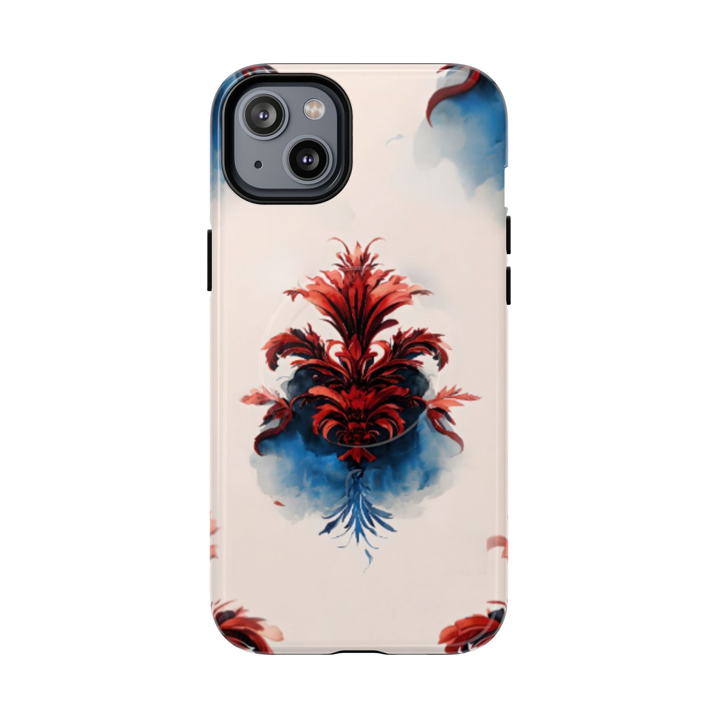 Crimson Plume iPhone 14 Plus MagSafe case featuring an elegant red damask floral motif with deep blue watercolor accents on a soft neutral background.