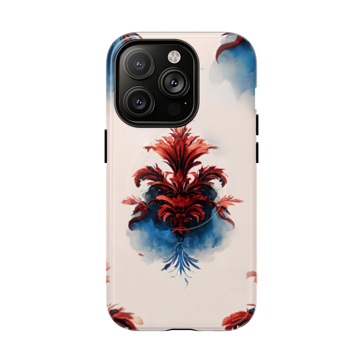 Crimson Plume iPhone 14 Pro MagSafe case featuring an elegant red damask floral motif with deep blue watercolor accents on a soft neutral background.