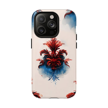 Crimson Plume iPhone 14 Pro MagSafe case featuring an elegant red damask floral motif with deep blue watercolor accents on a soft neutral background.