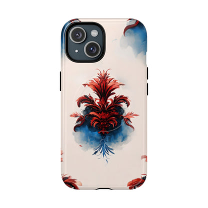 Crimson Plume iPhone 15 MagSafe case featuring an elegant red damask floral motif with deep blue watercolor accents on a soft neutral background.