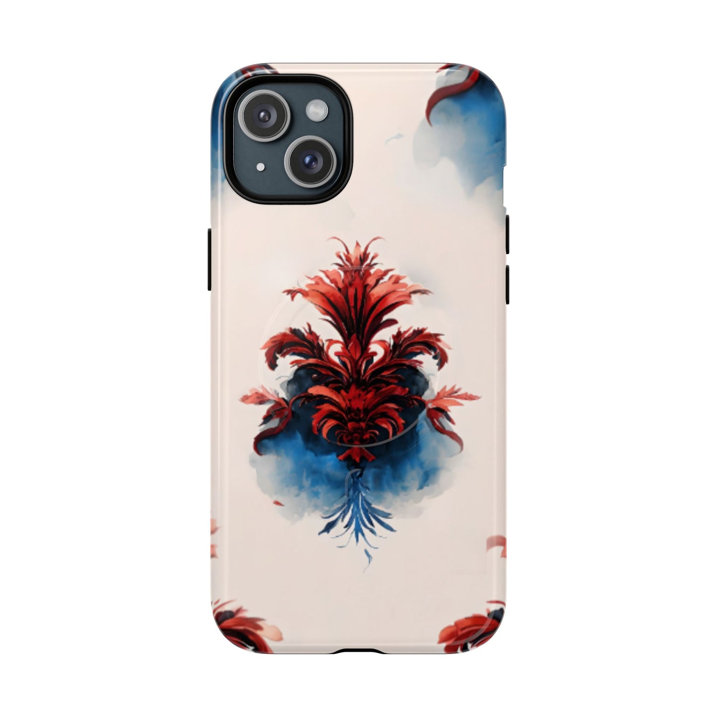 Crimson Plume iPhone 15 Plus MagSafe case featuring an elegant red damask floral motif with deep blue watercolor accents on a soft neutral background.