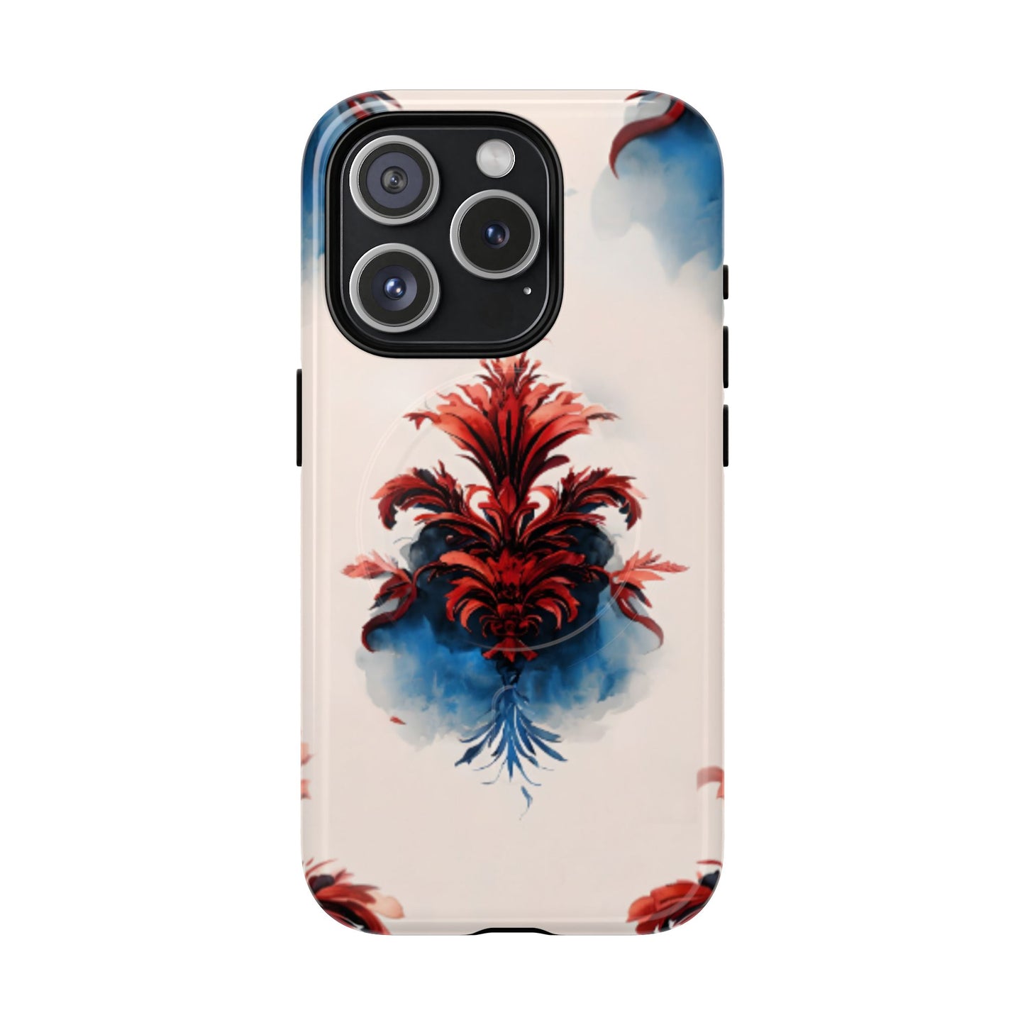 Crimson Plume iPhone 15 Pro MagSafe case featuring an elegant red damask floral motif with deep blue watercolor accents on a soft neutral background.