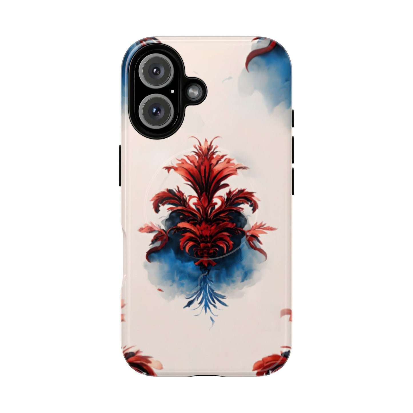 Crimson Plume iPhone 16 MagSafe case featuring an elegant red damask floral motif with deep blue watercolor accents on a soft neutral background.