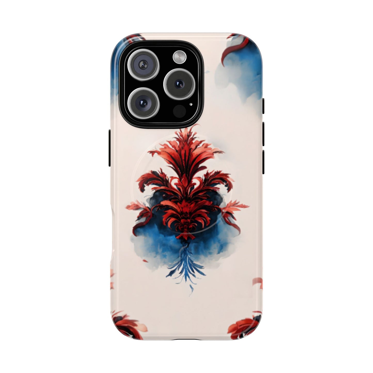 Crimson Plume iPhone 16 Pro MagSafe case featuring an elegant red damask floral motif with deep blue watercolor accents on a soft neutral background.